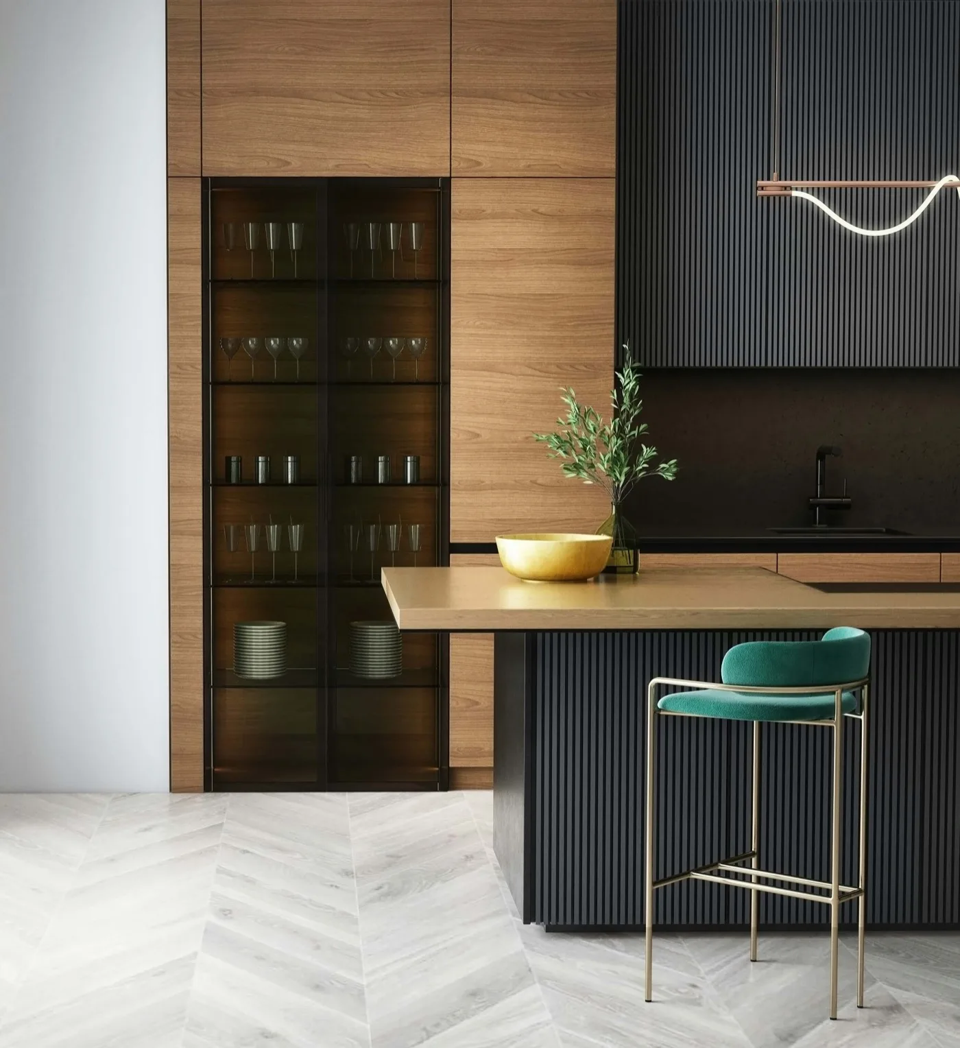 custom dark kitchen cabinets with fluted panels and gold hardware Temecula – kitchen remodeling Fallbrook CA