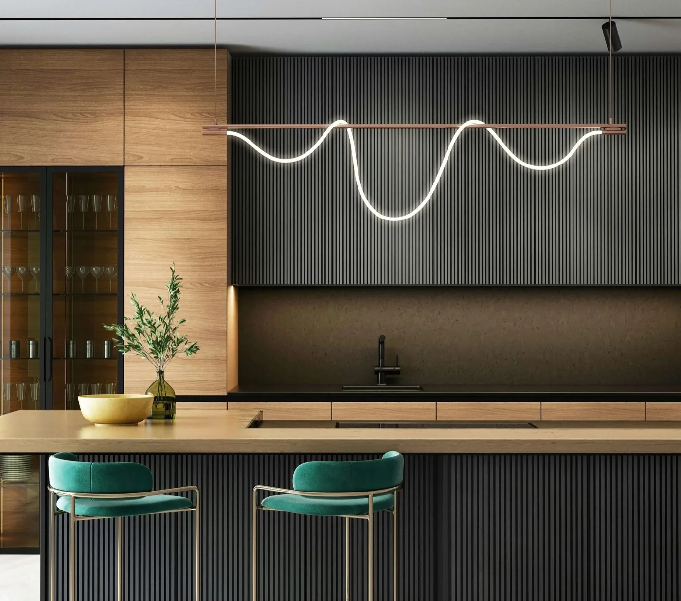 luxury dark kitchen remodel with fluted cabinets and wood island – Better World Kitchen Remodeling team Temecula CA